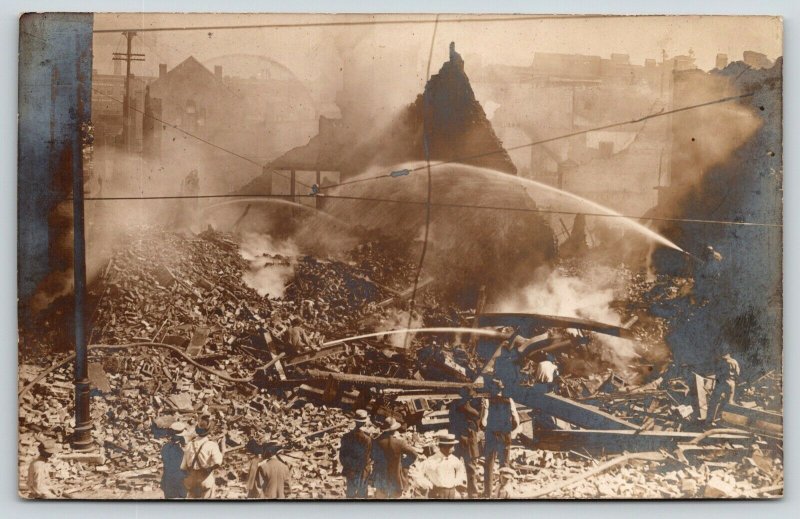 Decatur IL~Firemen Hose Fire~All of East Main Street~Morehouse & Wells~1909 RPPC 