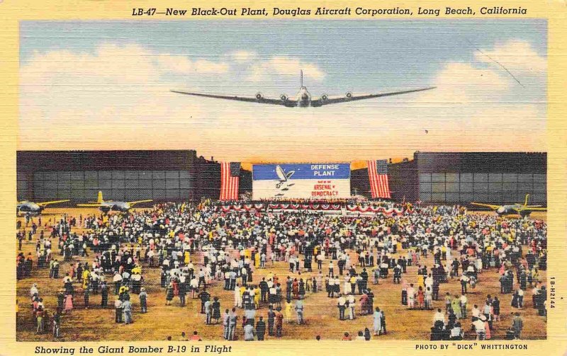 B-19 Bomber Plane Fly Over Douglas Aircraft Plant Long Beach CA linen postcard