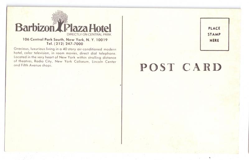 Barbizon Plaza Hotel New York NY Postcard