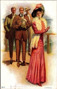 Artist Postcard Three Men Looking Fondly at Beautiful Woman A Single