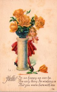 Hello With Young Girl and Yellow Roses