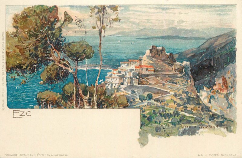 France Èze artist chromo litho postcard 1899 Manuel Wielandt