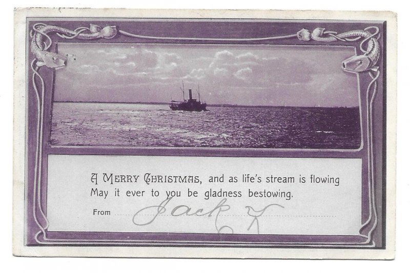 Birmingham, England Dec 24, 1905 local use Merry Christmas Postcard, Ship