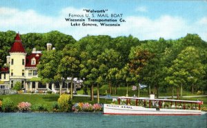 US Mail Boat Walworth Wisconsin Transportation Co Lake Geneva Postcard P218