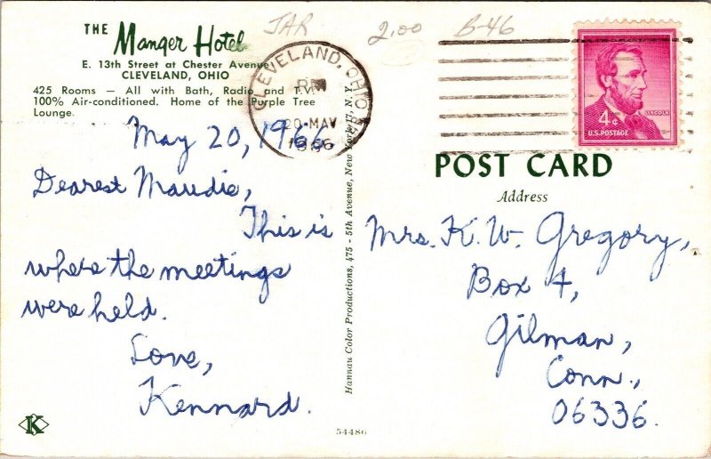 Manger Hotel Cleveland Ohio OH Postcard PM Cancel WOB Note VTG Koppel 4c Stamp 