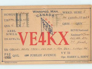 1930s QSL RADIO CARD Winnipeg Manitoba MB AH3252