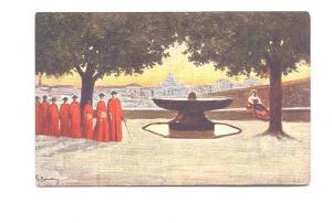 Painting, G Rawding, Priests Walking by a Fountain