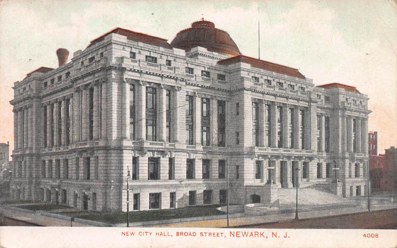 New City Hall, Broad Street, Newark, New Jersey, Early Postcard, Used in 1908