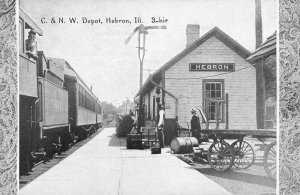 Hebron Illinois Railroad Depot Train Vintage Postcard KK463