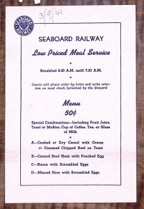 1941 SEABOARD RAILWAY DINING CAR COACH LOW PRICED MEAL MENU EXCELLENT  Z2902