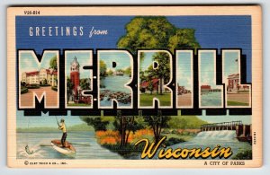 Greetings From Merrill Wisconsin Large Letter Postcard Curt Teich Fly Fishing