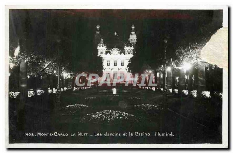 Old Postcard Monte Carlo Night Gardens and the Casino lights