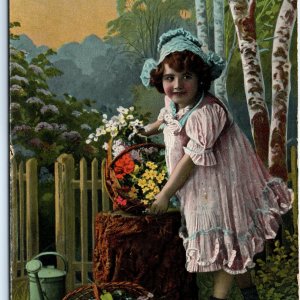 c1910 Cute Little Flower Girl w/ Baskets Litho Photo Gel Postcard Bonnet Vtg A67