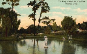 Vintage Postcard Lady Of The Lake City Park Pond Trees Monument Houston Texas TX
