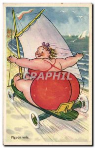 Humor - Illustration - Pigeon Fly - beach - beach - Old Postcard
