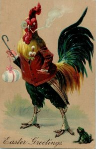 1910 Rare Anthropomorphic Aristocrat Rooster Smoking Easter Egg Frog Postcard