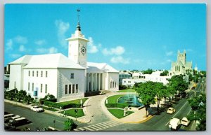 Postcard Bermuda City Hall Exterior View VW Bug 1960's Cars Vintage