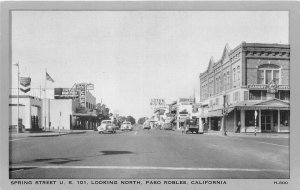 H27/ Paso Robles California Postcard c40s Spring Street Stores Gas Station Autos