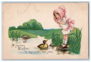 c1910's Joyous Easter Cute Girl Duck Swim River Grass Posted Antique Postcard