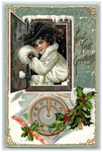 c1910's New Year Greetings Woman On Window Clock Holly Berries Tuck's Postcard