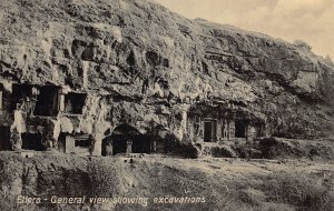 L377 India Ellora General view showing excavations Caves temple vintage postcard