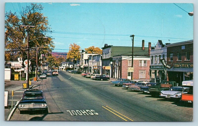 Postcard NH Colebrook Main Street Shopping District Bowling Texaco Old Cars L19