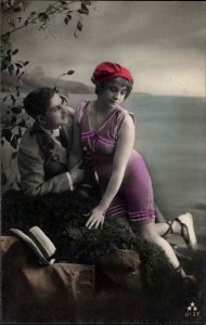 Beautiful Woman Marriage Romance Bathing Beauty on Lap Tinted RPPC Real Photo