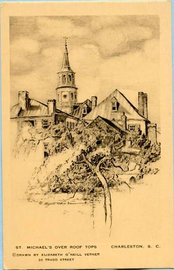 SC - Charleston, St. Michael's Over Rooftops    Artist Signed: Elizabeth O'Ne...