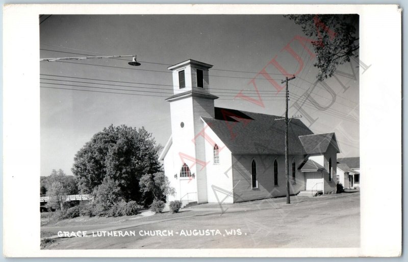 c1950s Augusta, WI Church RPPC Grace Lutheran Street Lamp Post Real Photo A194