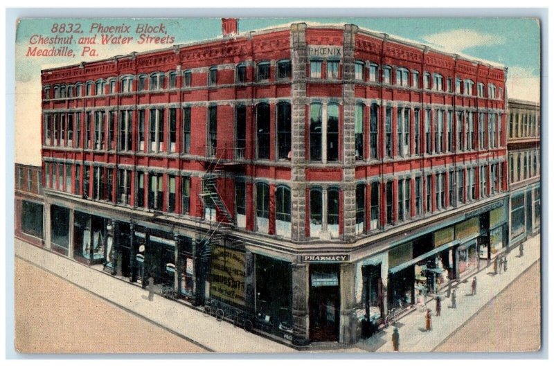 1913 Phoenix Block Chestnut And Water Streets Meadville Pennsylvania PA Postcard 