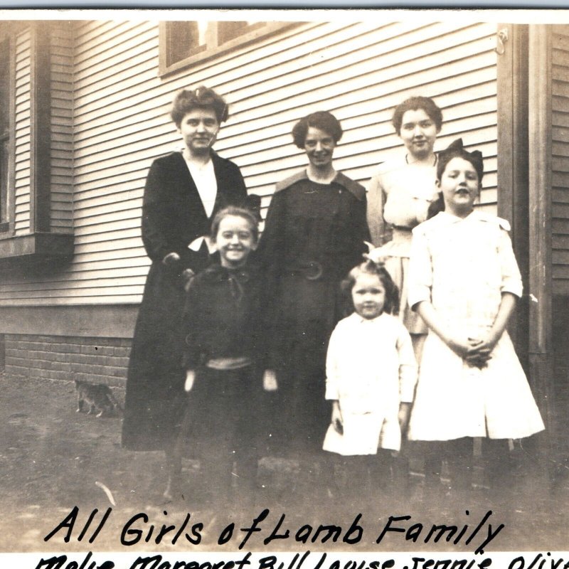 ID'd c1910s Girls of Lamb Family RPPC Cute Real Photo House Cat Postcard A123