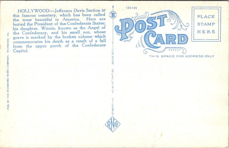 Jefferson Davis Section, Hollywood Cemetery, Richmond VA Vintage Postcard S62