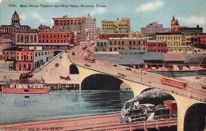 Houston Texas boats trains Main St Viaduct & Ship Canal antique pc BB2629