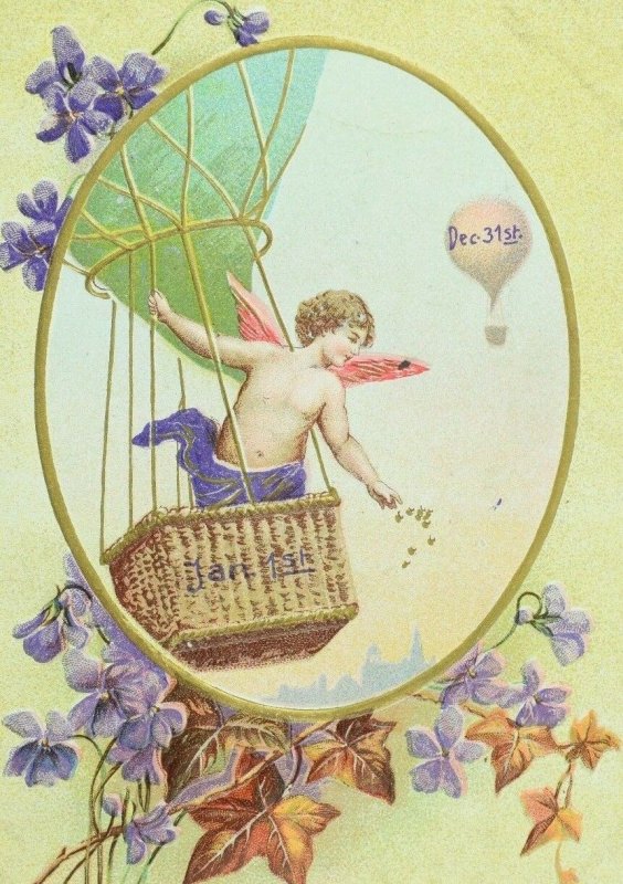 C.1900-10 Hot Air Balloon Angel Flowers Leaves Vintage Postcard F56