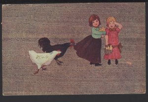 Two Little Girls with 2 Chickens and Holding 6 Chicks pm1908 ~ Und/B