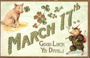 St. Patrick's Day Fantassy Dressed Pig Smoking Pipe c1910 Postcard 
