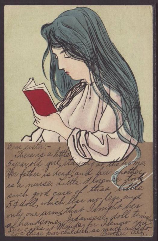 Japanese Girl Reading Book Postcard 