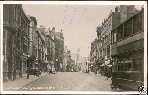 wales, CARDIFF, High Street, Tram (1950s) RPPC 