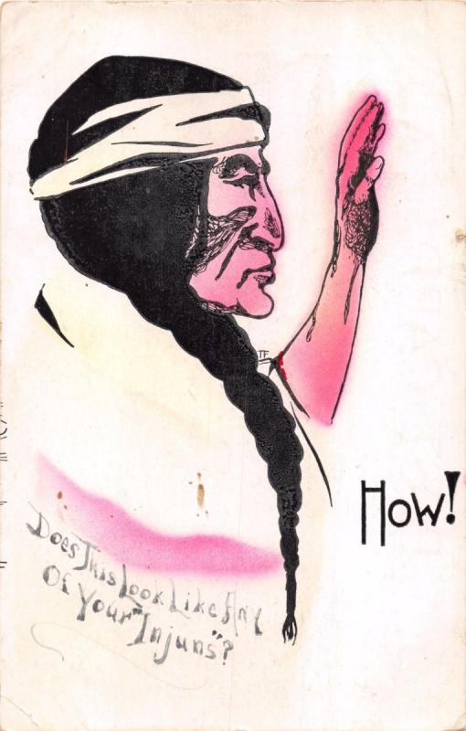 HOW!~ARTIST DRAWN INDIAN~NATIVE AMERICAN POSTCARD 1909