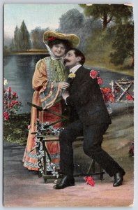 Victorian Couple Dating In Riverside In Romantic Souvenir Postcard