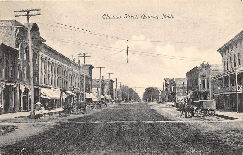 Quincy Michigan~Chicago Street~Owl/Advertisement on Bldg Wall~Horse Wagons~1908