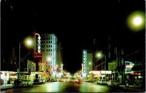 Vtg Oklahoma City OK Broadway Street Night View Downtown Old Cars 1950s Postcard