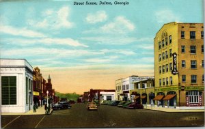 Vtg 1940s Street Scene Hotel Old Cars Dalton Georgia GA Linen Postcard