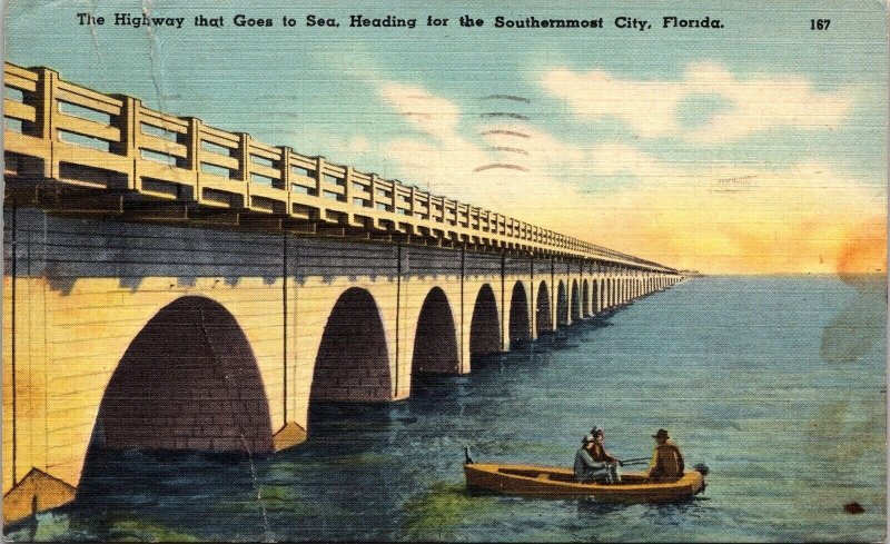 Historic Overseas Highway Key West Florida Boat Ocean Linen Cancel WOB Postcard 