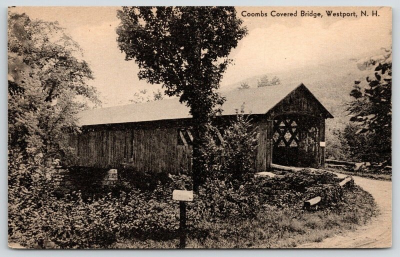 Westport New Hampshire~Coombs Covered Bridge~Mailbox~1930s Meriden B&W Litho PC