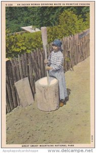 Indian Woman Grinding Maze In Primitive Fashion Great Smoky Mountains Nationa...