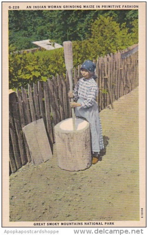 Indian Woman Grinding Maze In Primitive Fashion Great Smoky Mountains Nationa...