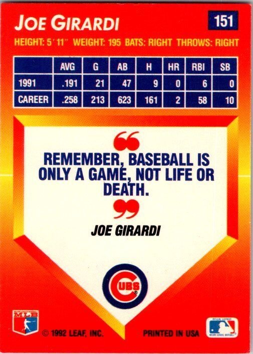 1992 Donruss Baseball Card Joe Girardi Chicago Cubs sk3191