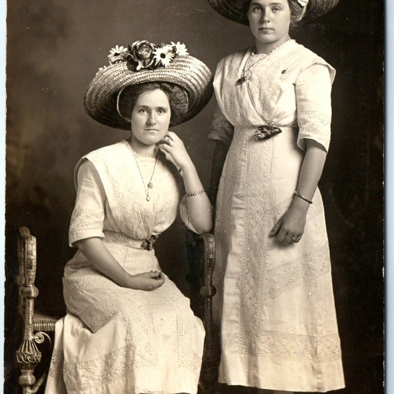 c1910s 2 Pretty Young Ladies Sun Hat RPPC White Dress Women Real Photo Girl A140