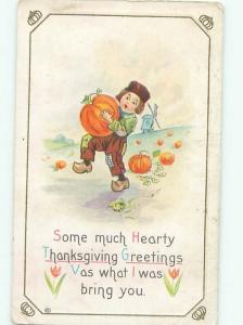 Pre-Linen Thanksgiving BOY CARRYING HOME A HALLOWEEN PUMPKIN AB4300